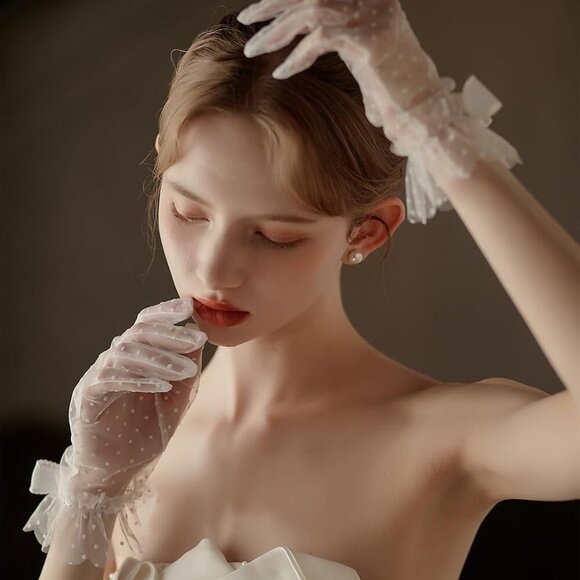 Polka Dot Lace Gloves with Bow Tulle Short Elegant Wedding Bridal Prom - Picture 2 of 7